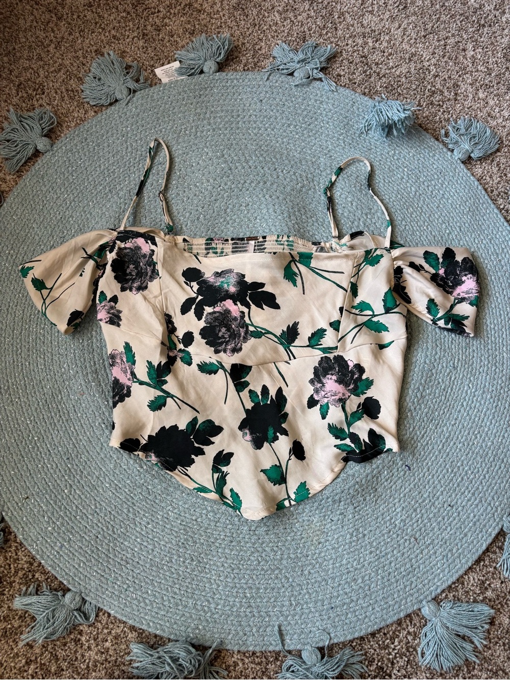 Free People Cream Floral Off-Shoulder Camisole with Green and Black Accents